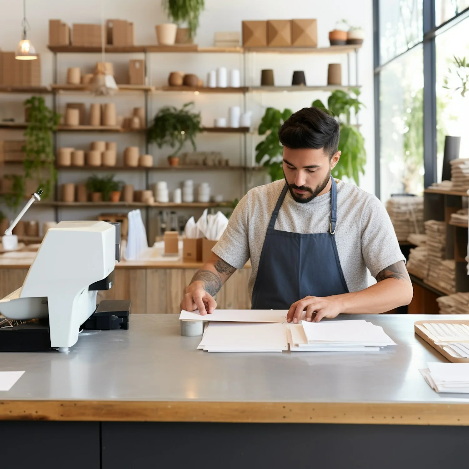 A man in an apron sorting papers at the counter of a bright shop, shelves of stock behind him