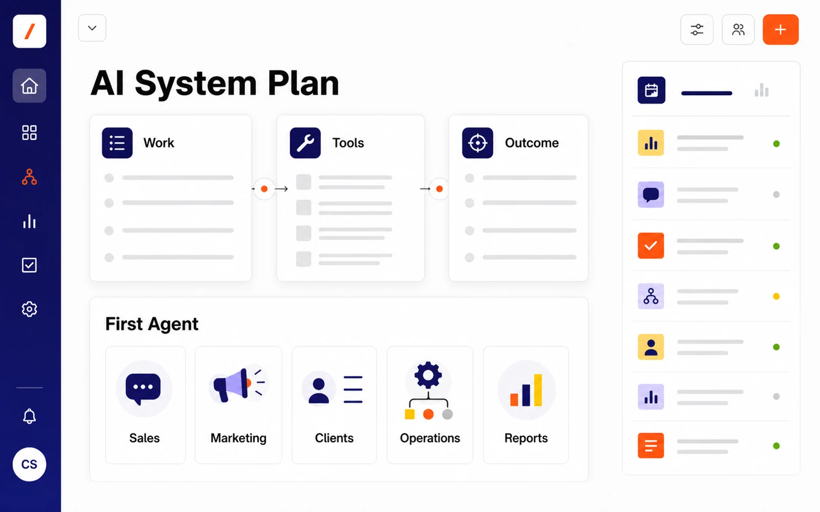 AI system planning interface showing work, tools, outcome, and the first recommended agent